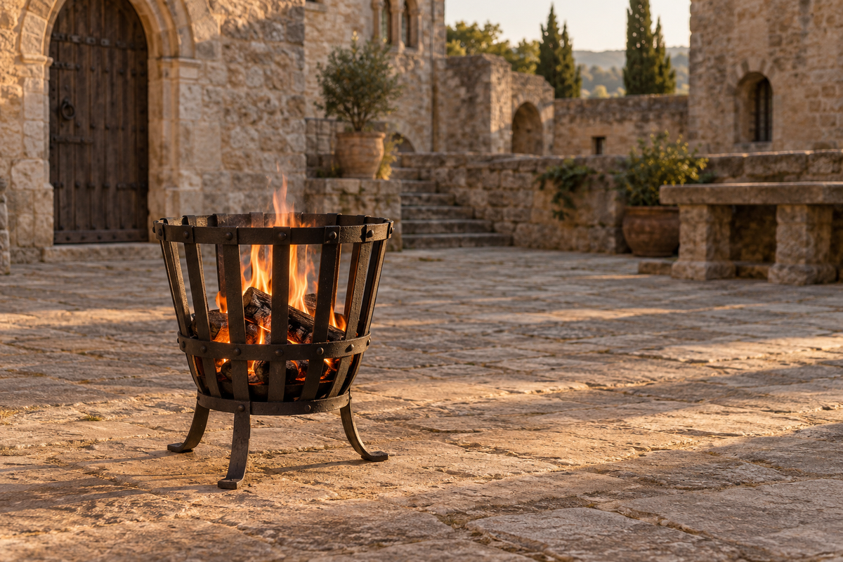 Cesta de hierro con fuego en un patio exterior de piedra_IA
