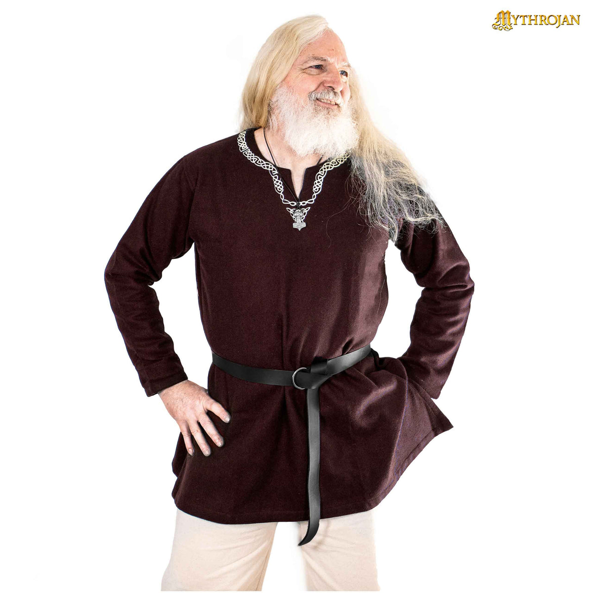 Túnica vikinga unisex en algodón cuello bordado, color marrón