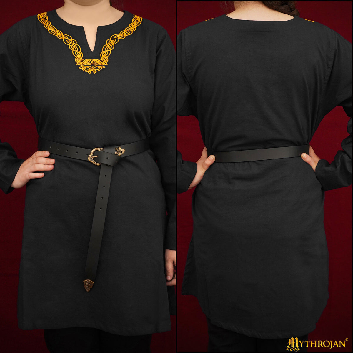 Túnica vikinga en algodón manga larga cuello bordado, color negro