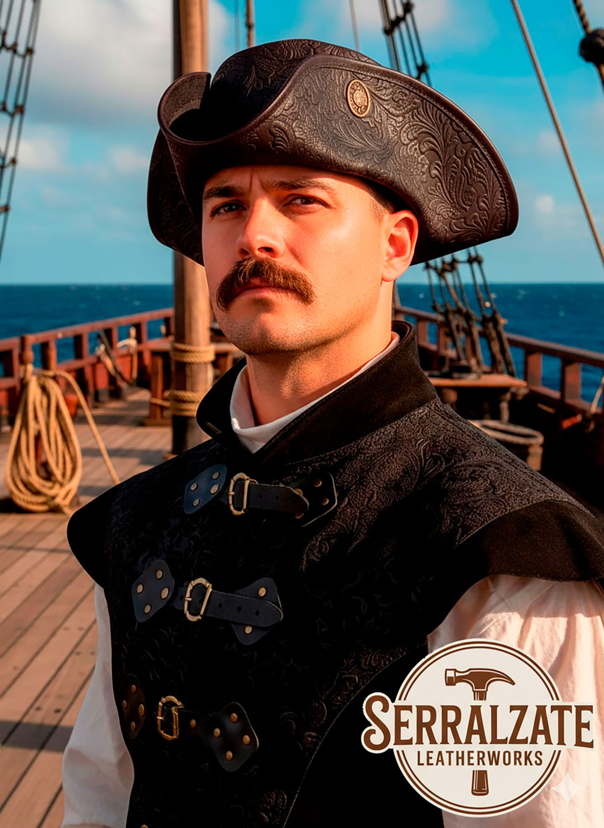 Sombrero Pirata Tricornio de Cuero Deluxe, marrón oscuro
