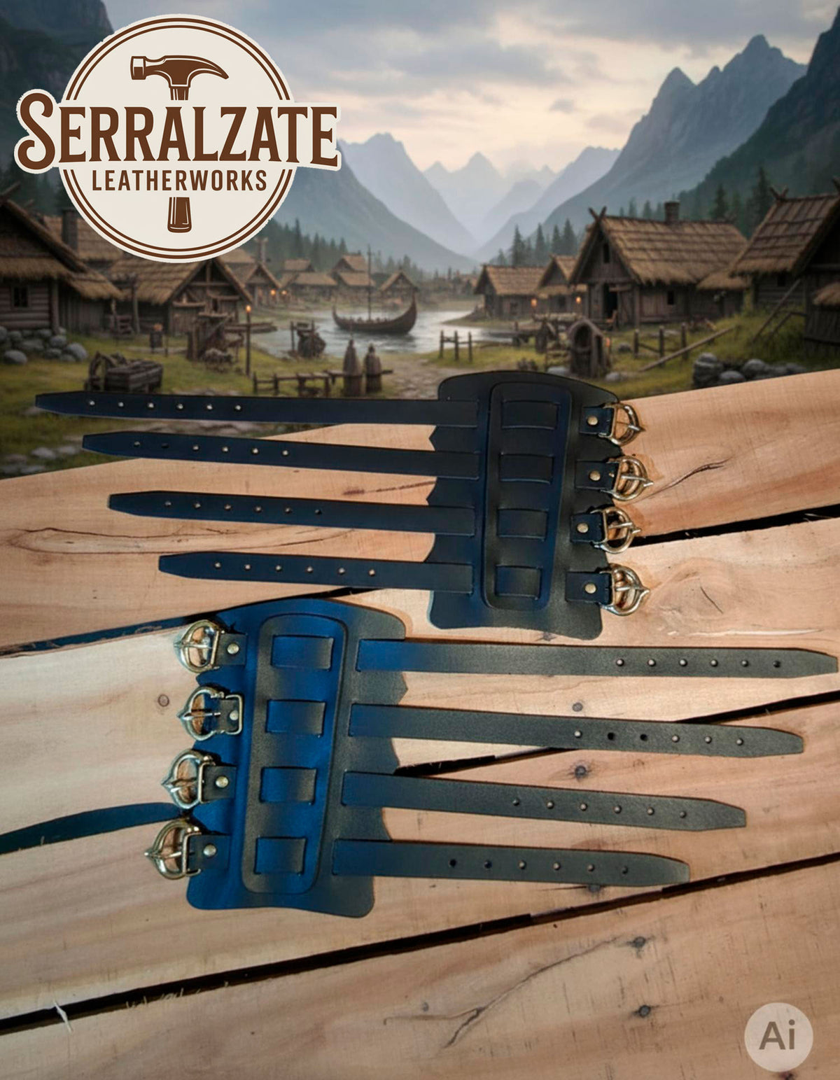 Brazaletes vikingos Gunnar en piel negra