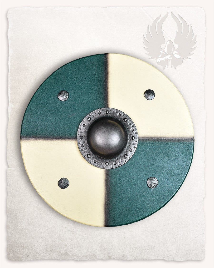 Escudo vikingo redondo para LARP modelo Rorrik, verde-blanco