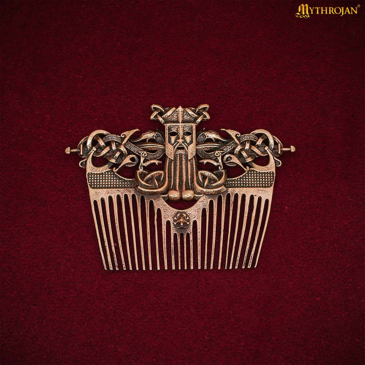 Peine vikingo en bronce con funda cuero, acabado envejecido