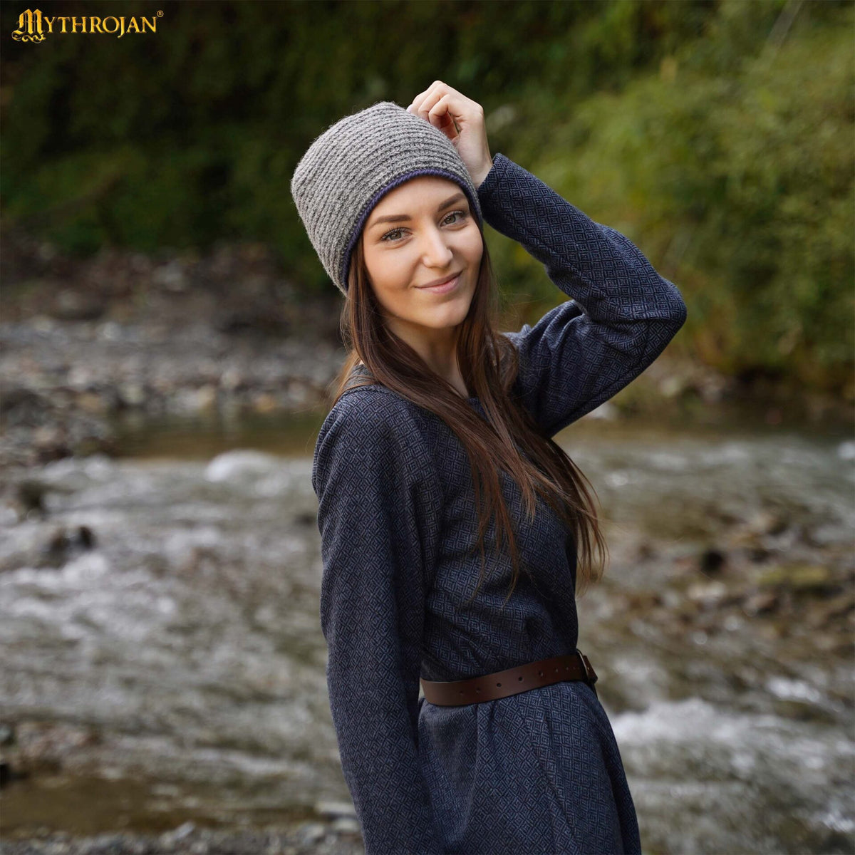 Gorro medieval nórdico en lana modelo Naalbinding, gris-azul