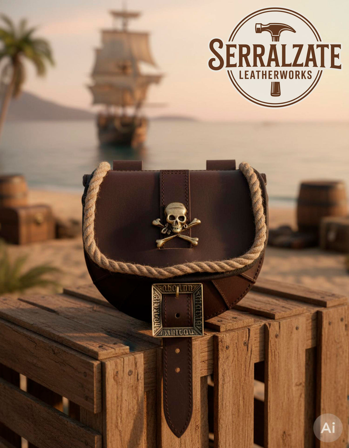 Bolso pirata con calavera para cinturón, marrón
