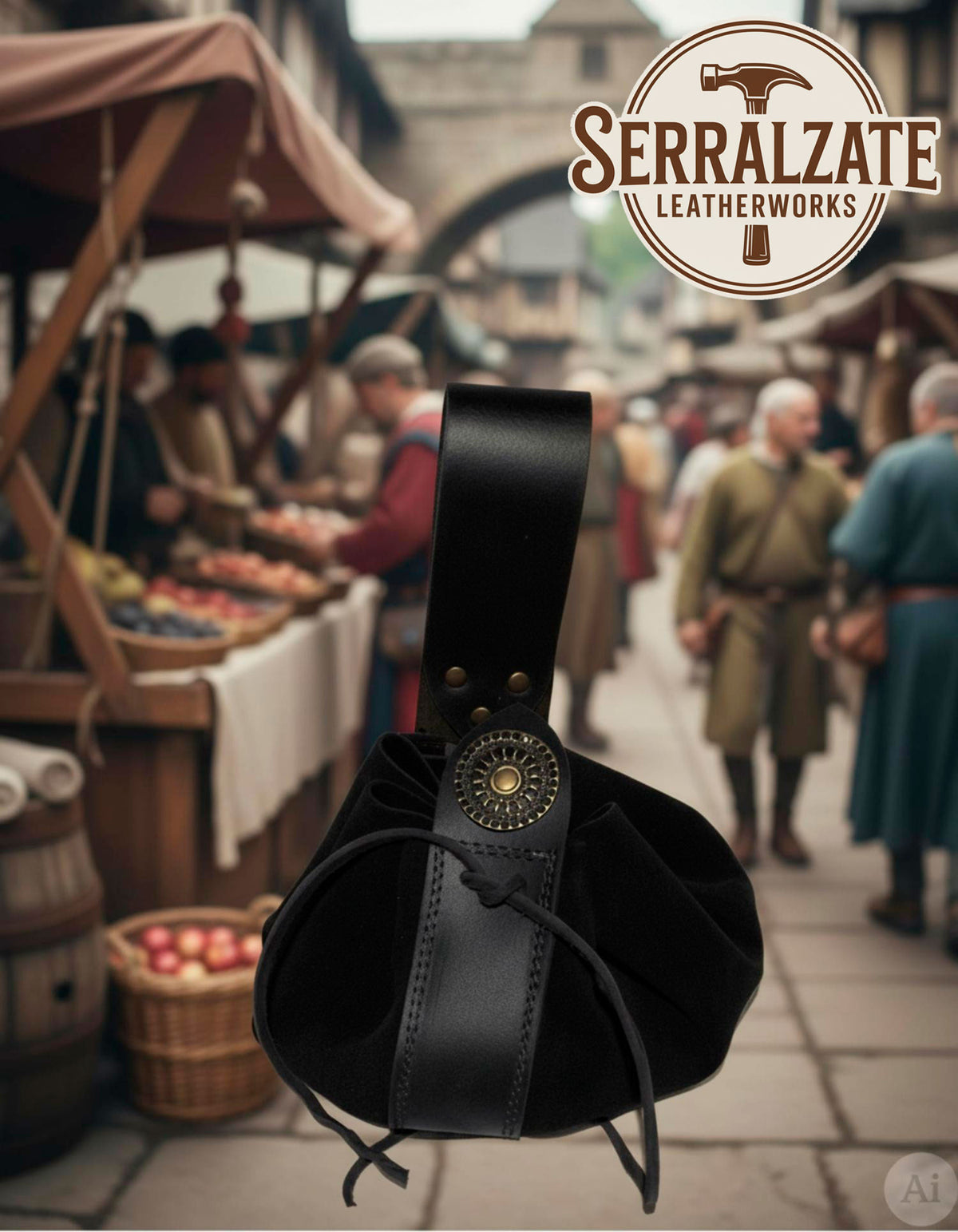 Monedero medieval de cuero para cinturón, negro