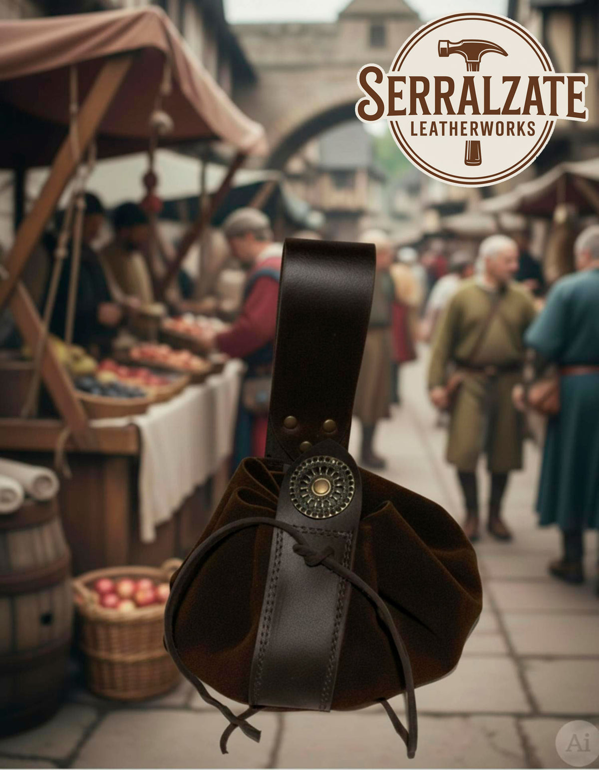 Monedero medieval de cuero para cinturón, marrón