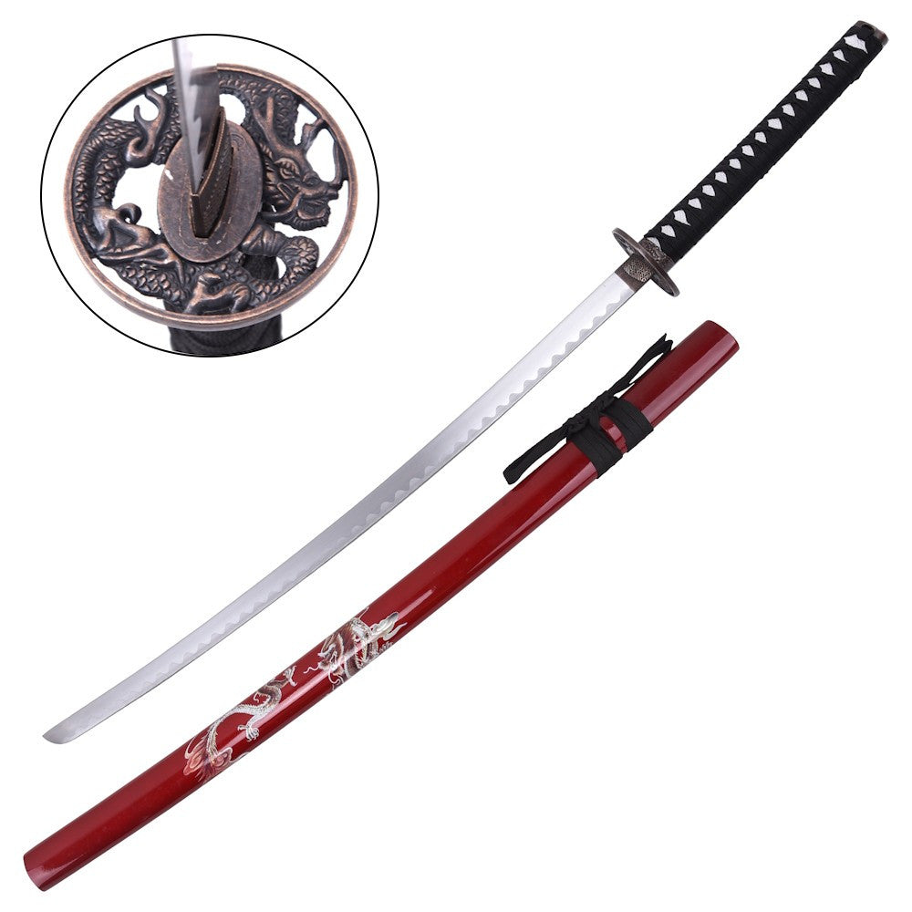 Katana ornamental acero, vaina roja con dragón