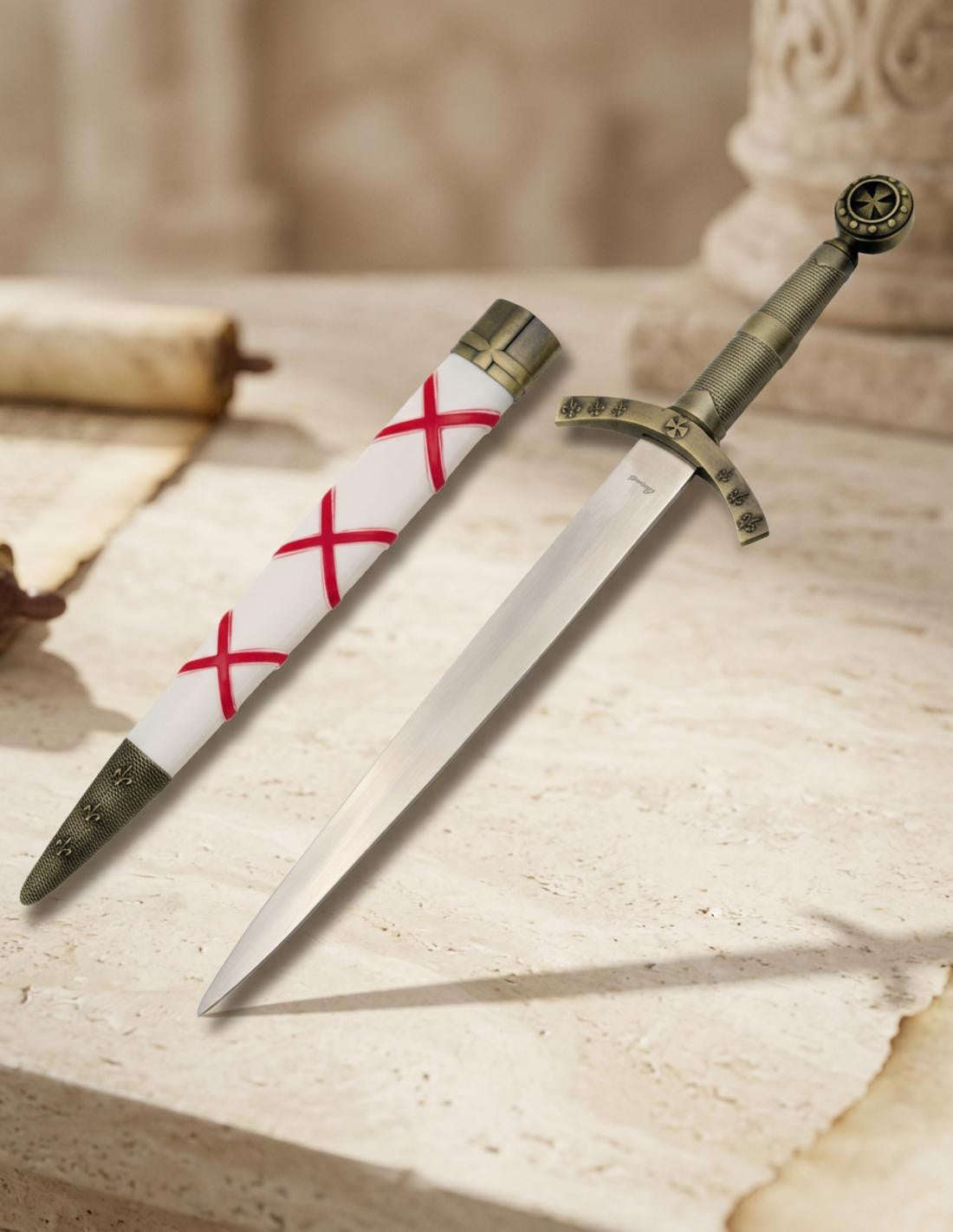 Daga medieval templaria funda blanca, 40 cms.