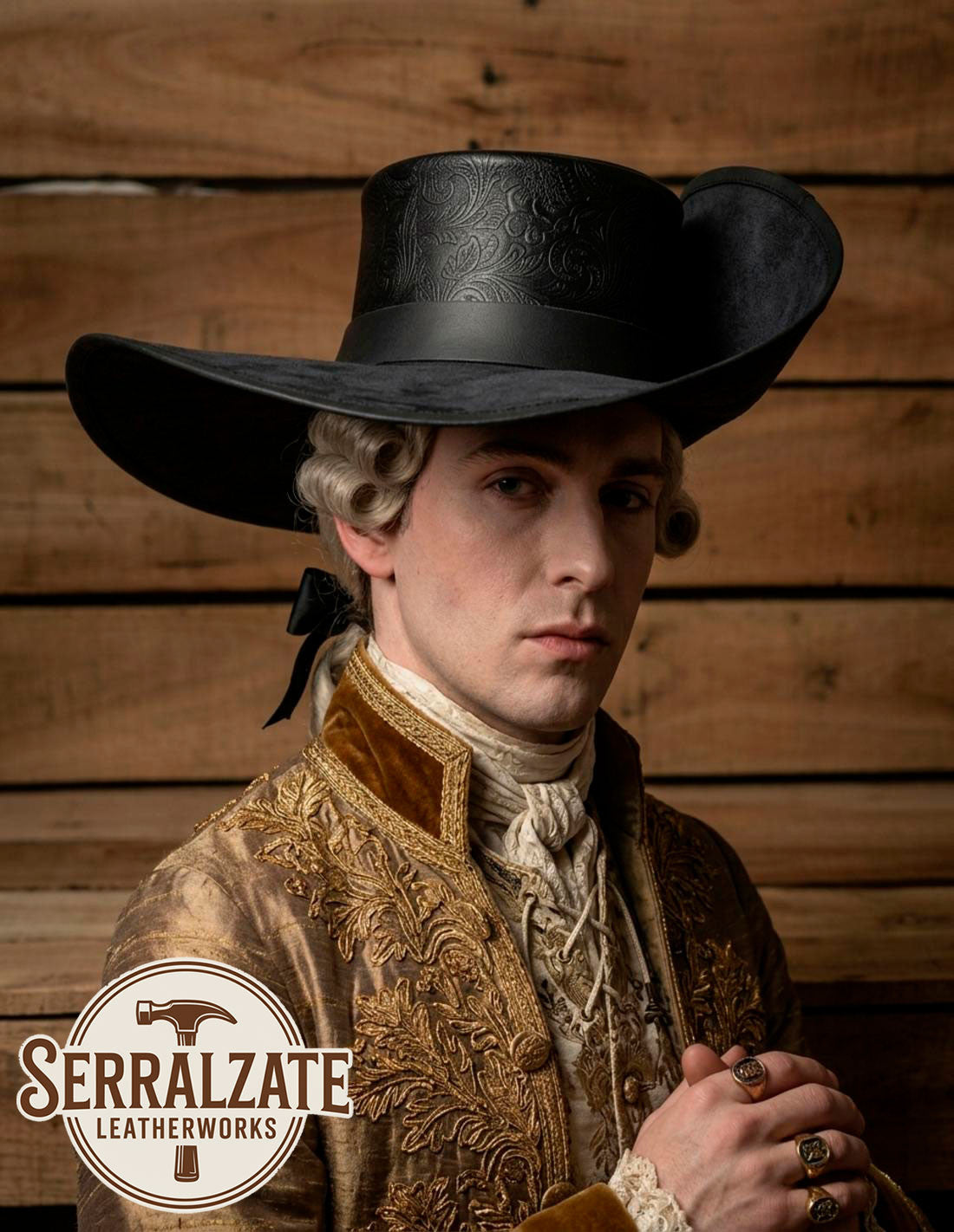 Sombrero Tricornio de Capitán con Grabado Barroco, Cuero negro Deluxe _IA