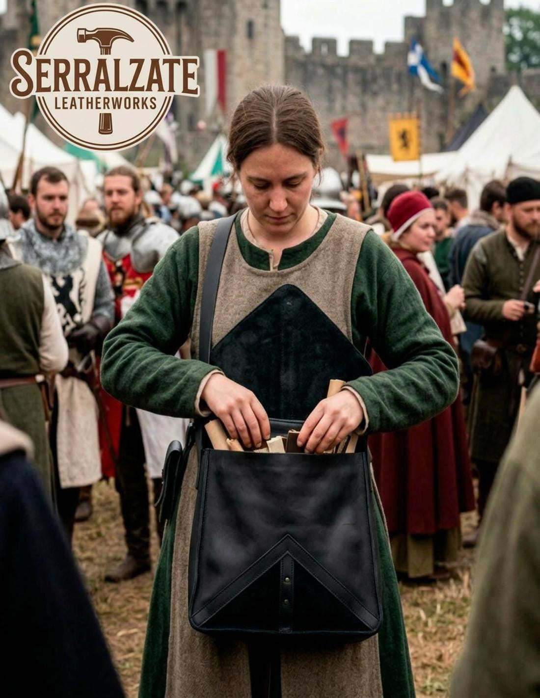 Bandolera Artesanal para Recreación y LARP, cuero negro _IA