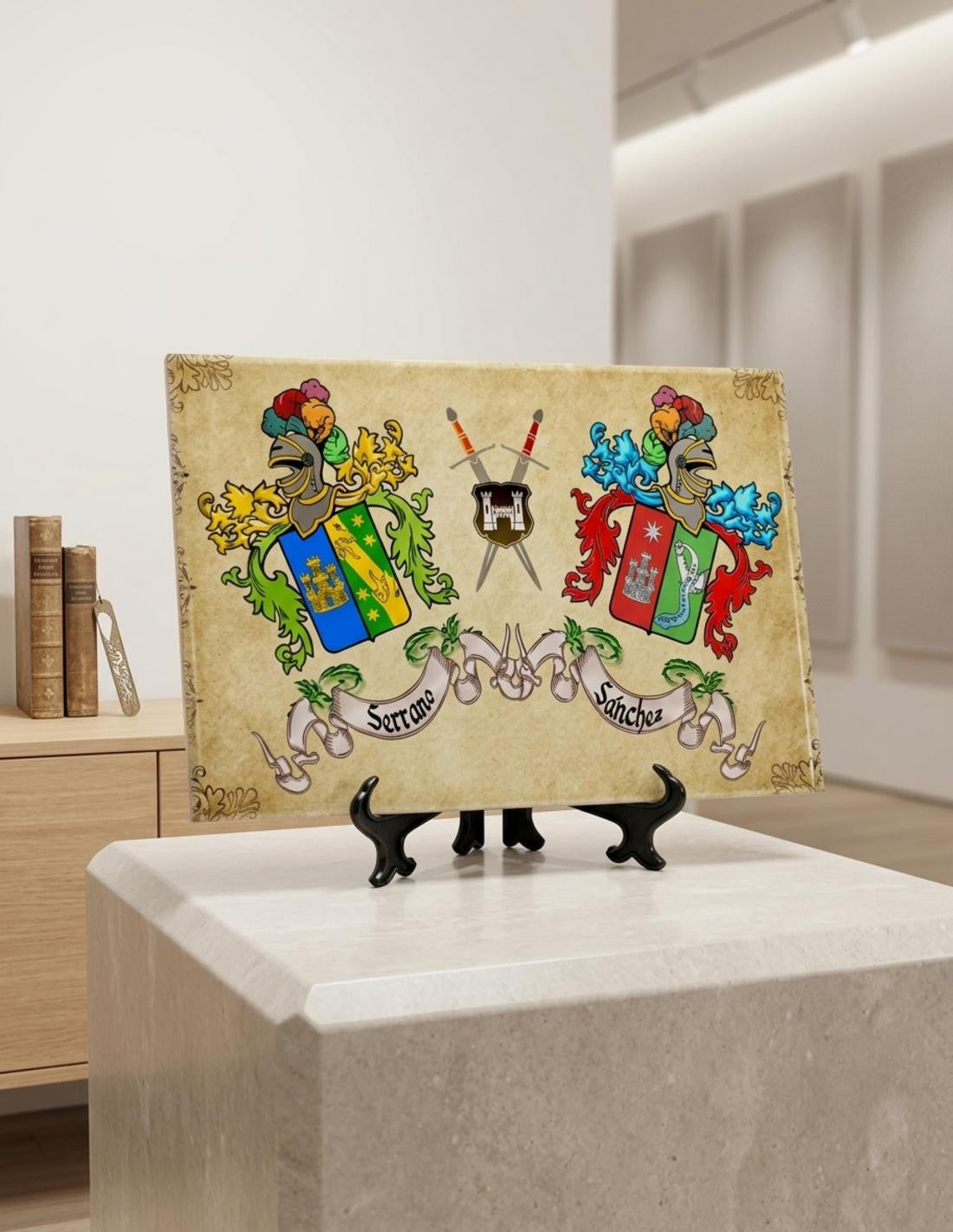 Azulejo Escudos Heráldicos con 2 Apellidos con fondo (30x20 cms.)