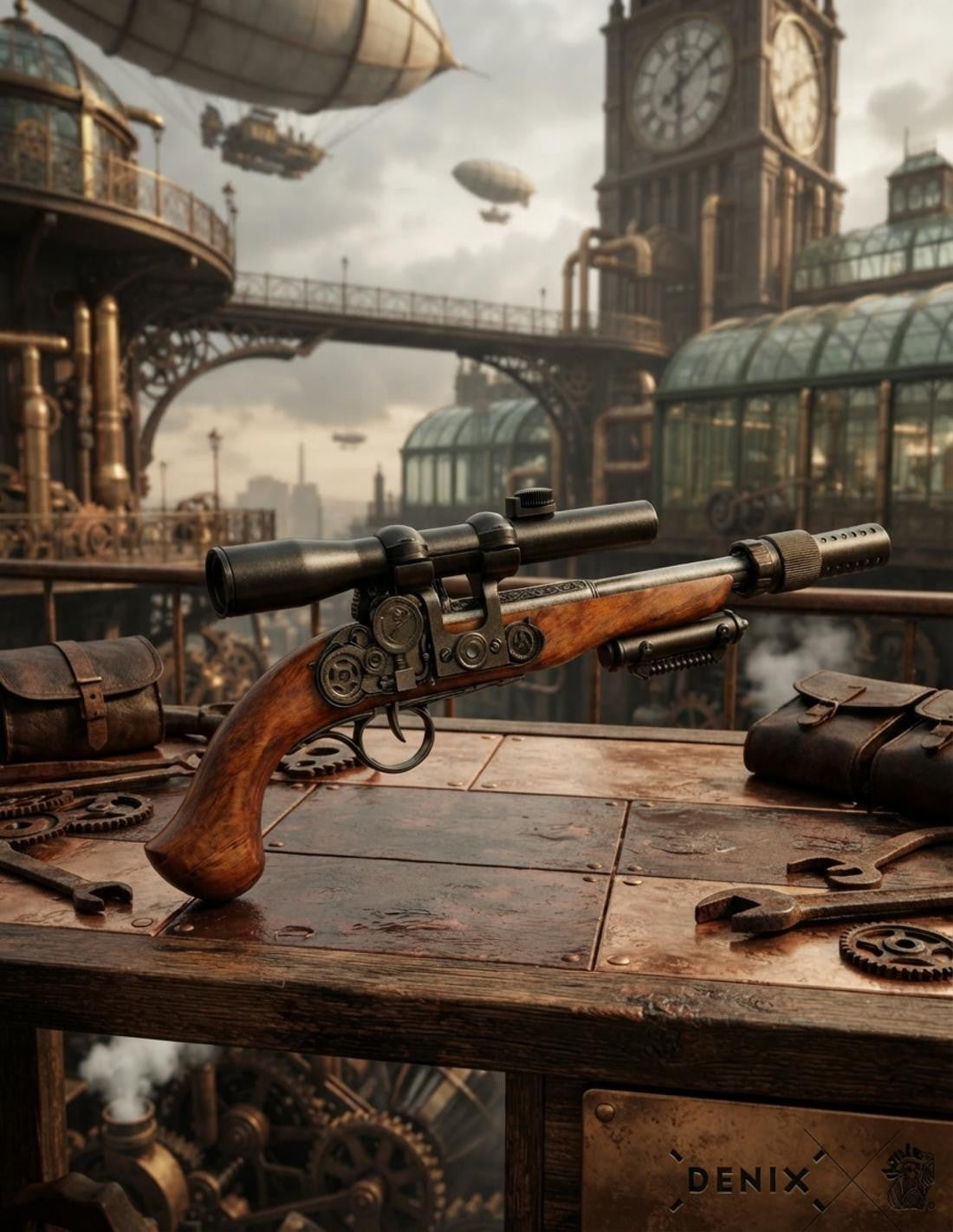 Pistola de chispa de ficción fabricada en metal y madera _IA