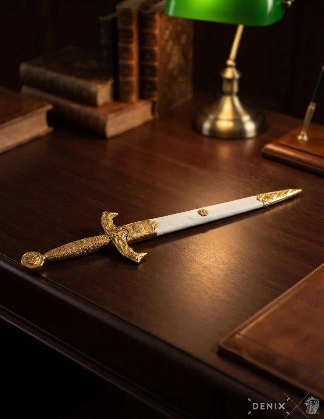 Daga medieval dorada Rey Arturo con funda blanca _IA