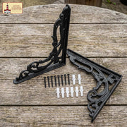 Escuadras de estantería victorianas de hierro fundido con volutas, juego de 2