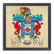 Cuadro escudo heráldico con 1 apellido enmarcado en madera (30x30 cms.)