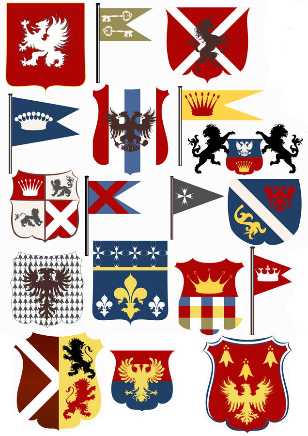 Tatuaje temporal con escudos heráldicos y motivos medievales
