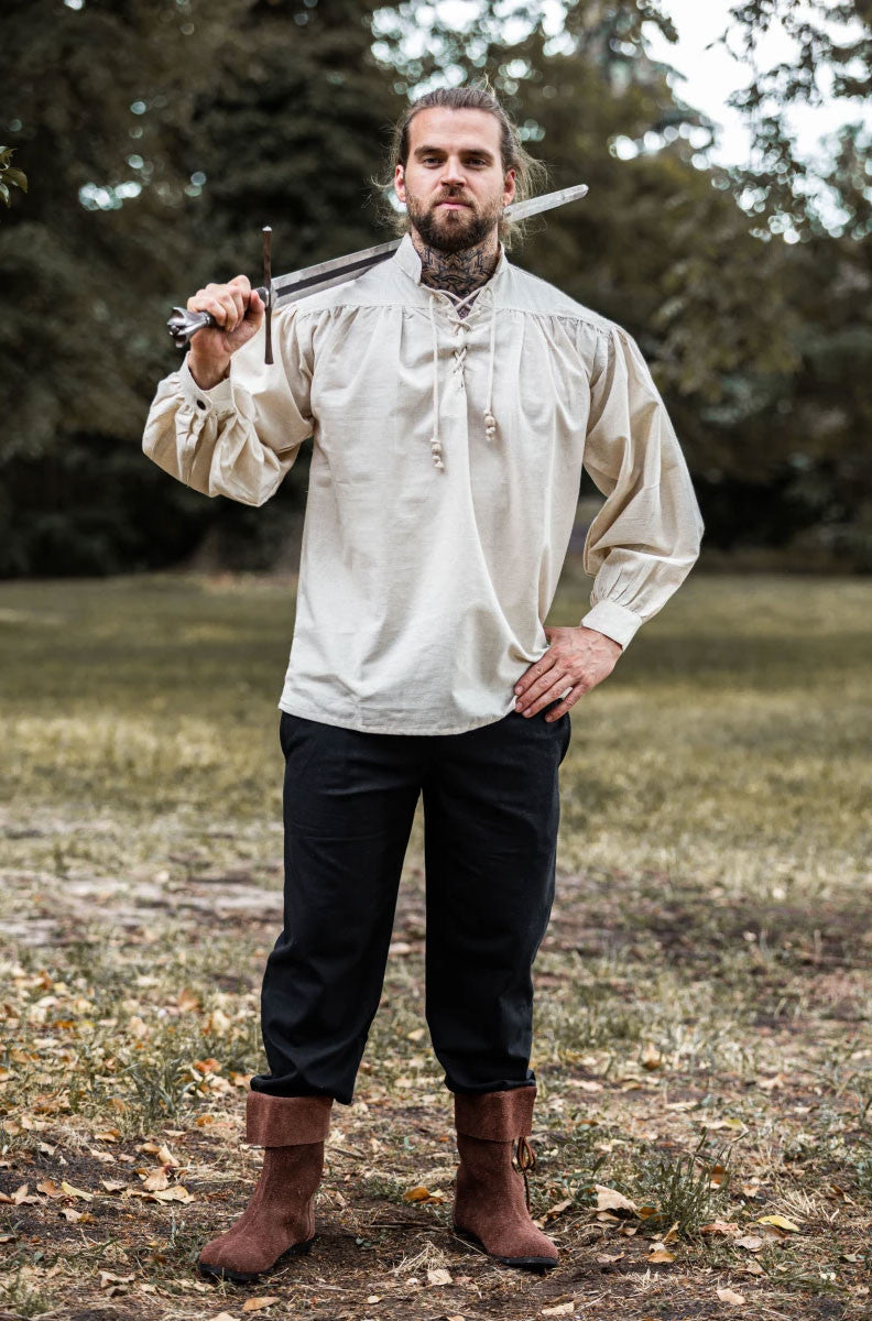 Camisa de cuello alto con cordones, blanco natural