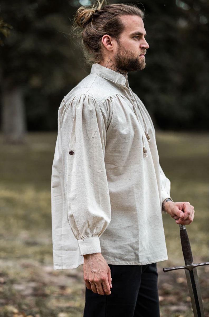 Camisa de cuello alto con cordones, blanco natural