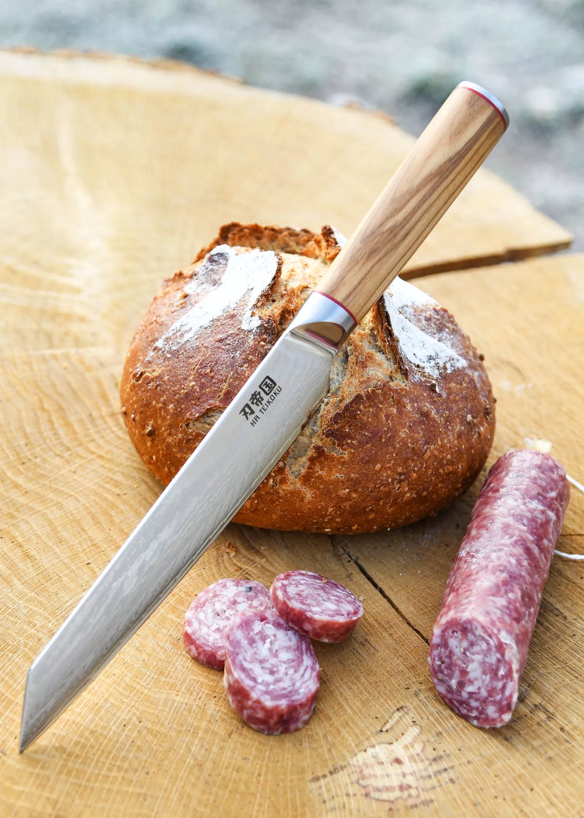 Cuchillo Cocina Rebanador Ha Teikoku, hoja Acero Damasco (33 cm.)