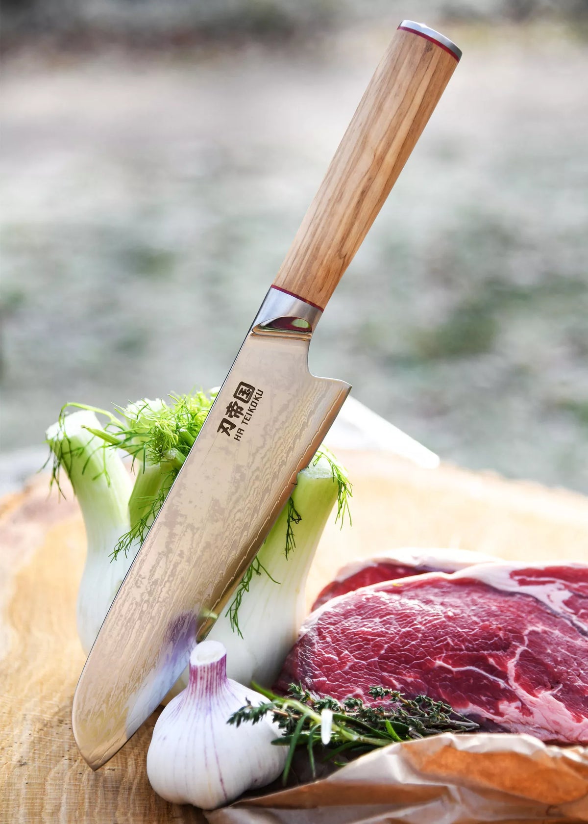 Cuchillo Cocina Santoku Ha Teikoku, hoja Acero Damasco (31,5 cm.)
