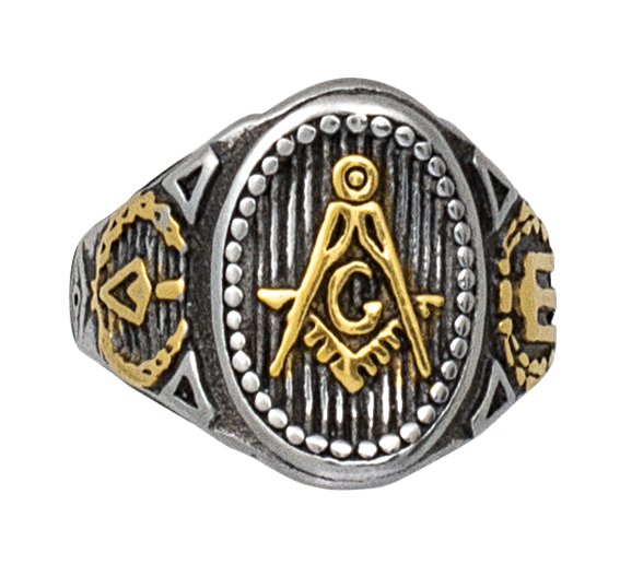 Anillo en acero Masones Escuadra y el Compás dorados