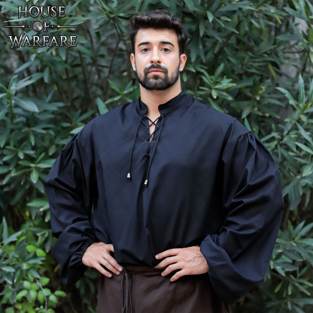 Camisa medieval algodón con cordones, negro.