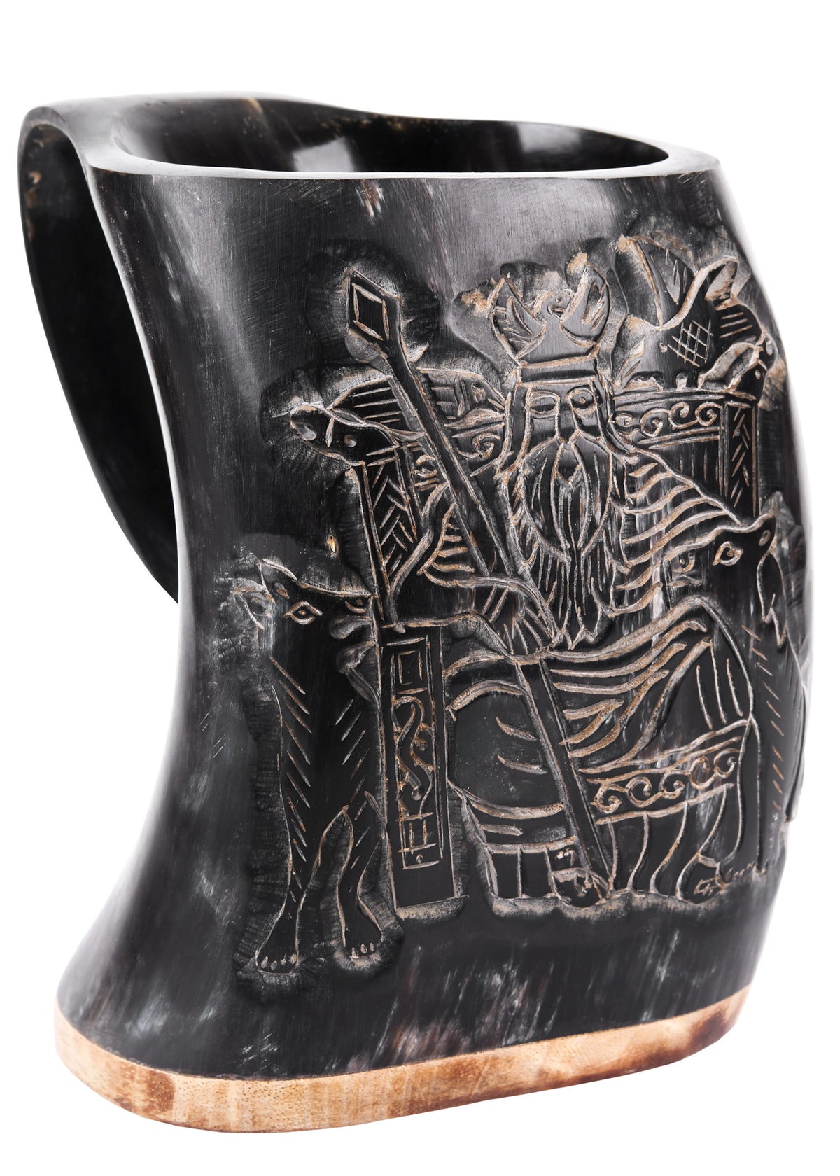 Jarra vikinga de hidromiel diseño Odín, base de madera