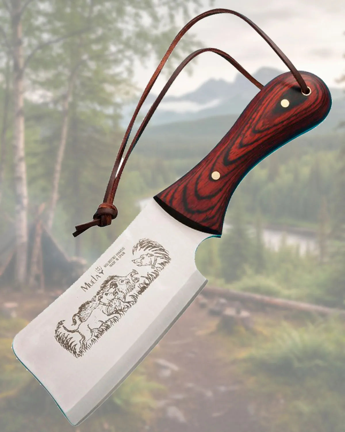 Hacha Muela cachas en madera prensada coral, con funda_IA