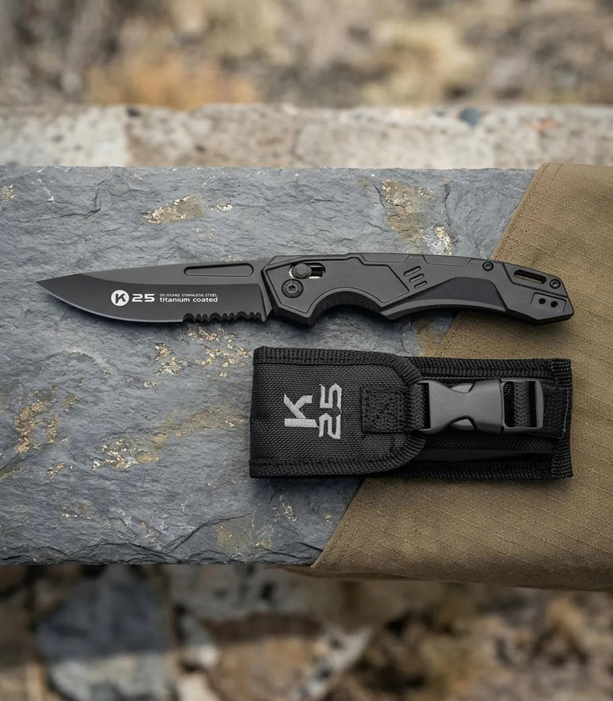 Navaja táctica K25 hoja sierra titanio, con funda_IA