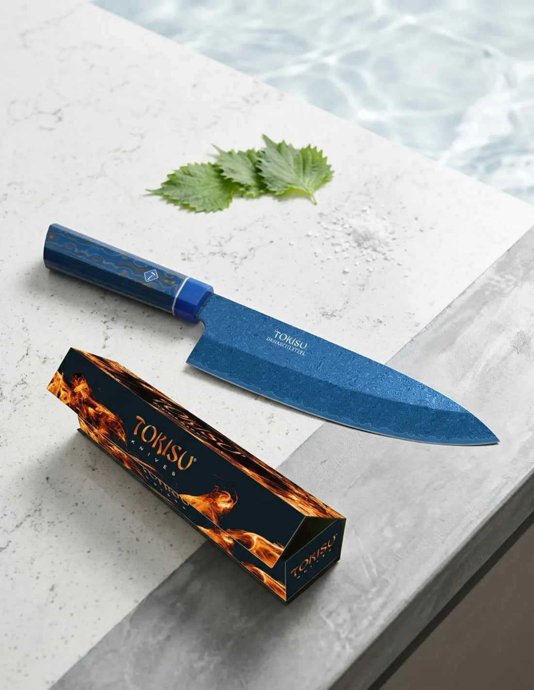 Cuchillo de cocina TOKISU modelo GYUTO, azul