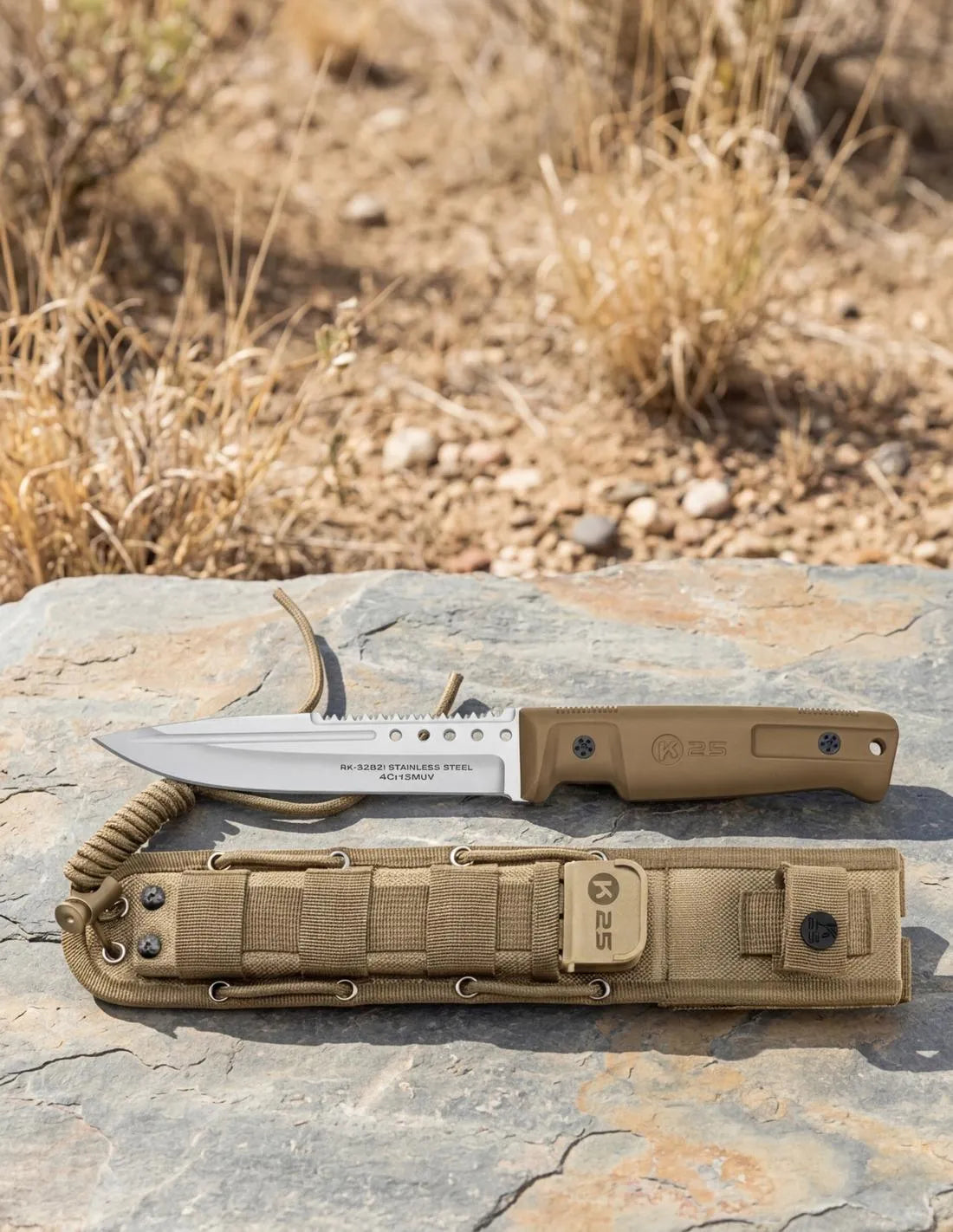 Cuchillo táctico K25 mango Goma, con funda_IA