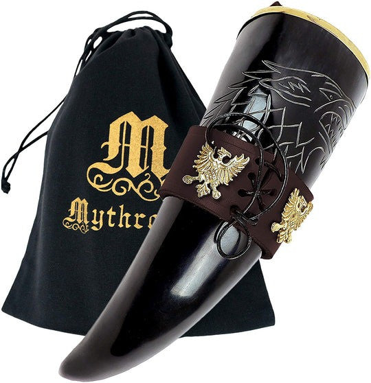 Cuerno vikingo para beber Rey del Norte tahalí marrón (300 ml.)