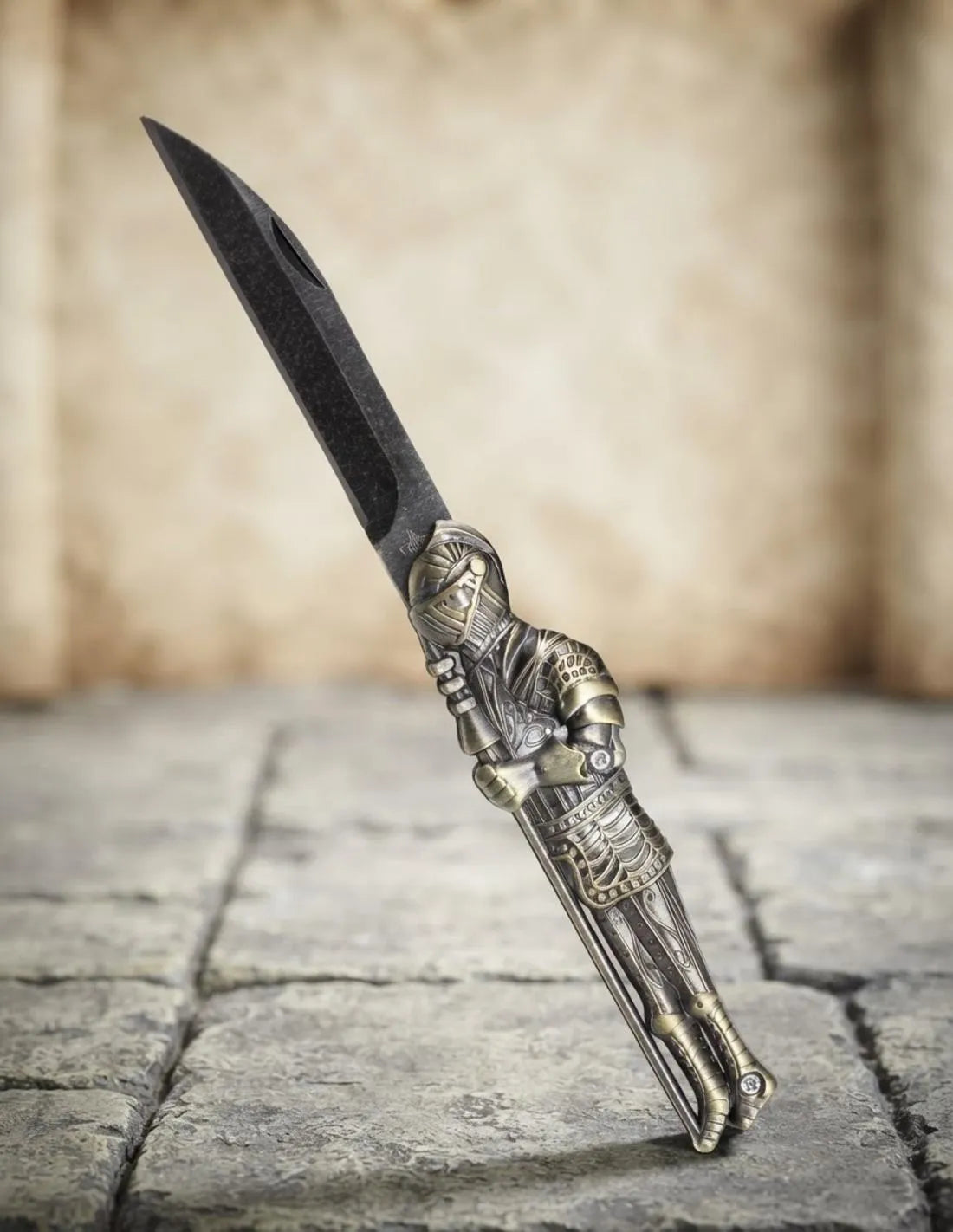 Navaja Third Guerrero Medieval: Acero 420 y Zamak, bronce antiguo _IA