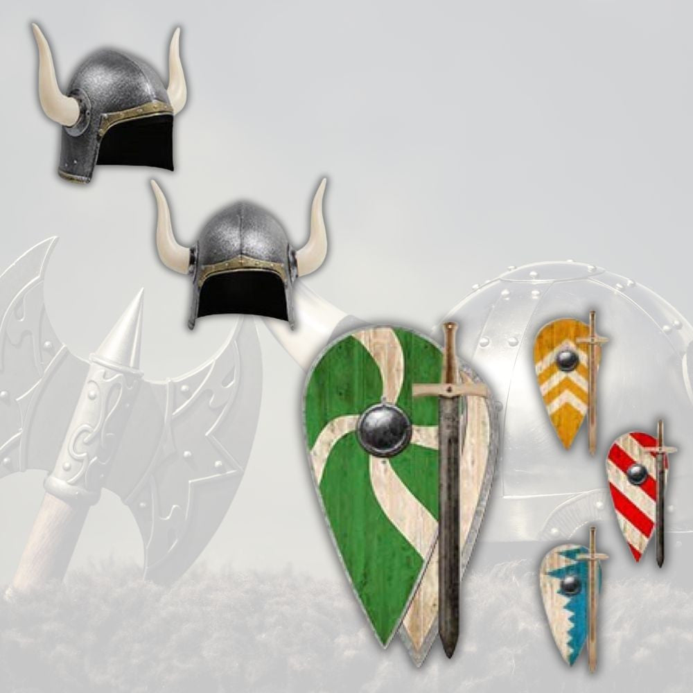 Pack niño vikingo: escudo relieve, espada y casco