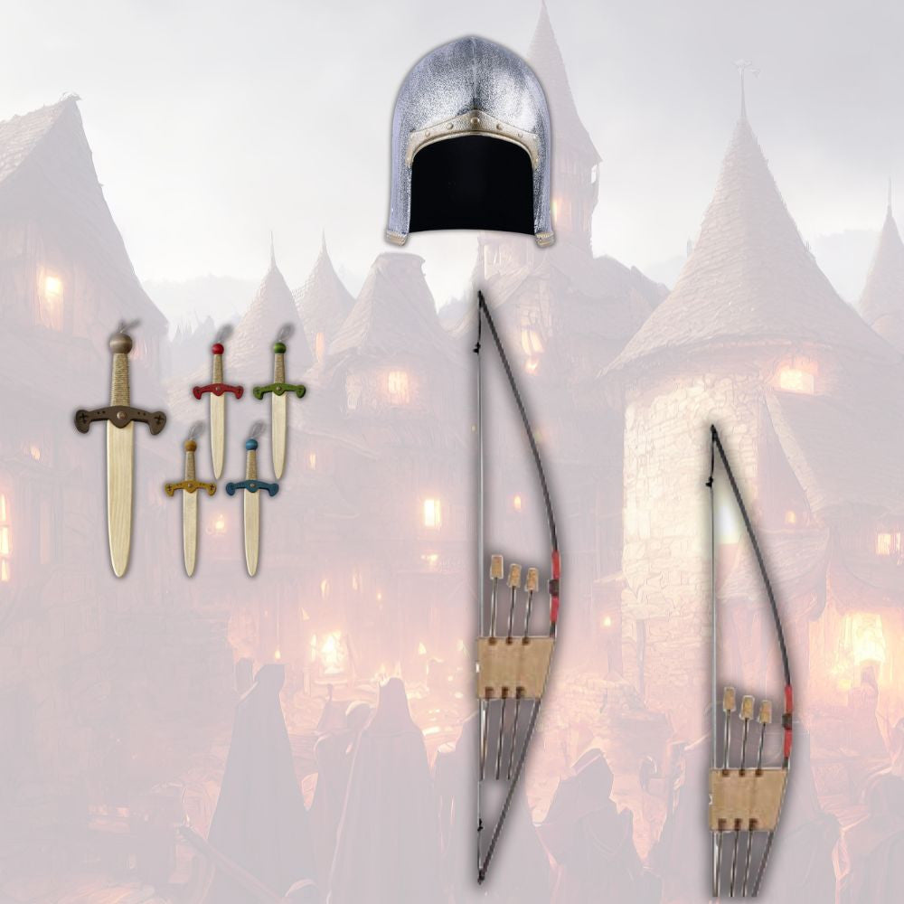 Pack niño Arquero medieval: Arco con flechas, daga y casco
